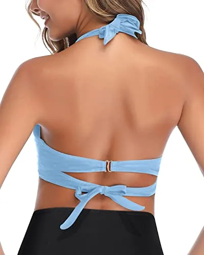 Clasp Hook Closure Halter Retro Bikini Top For Women-Light Blue