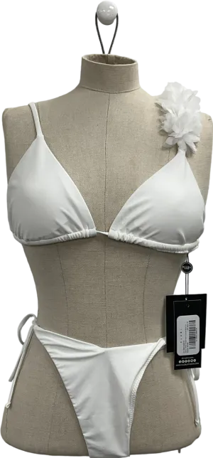 Club L White Triangle Flower Trimmed Bikini Top & String Bikini Bottoms UK 10