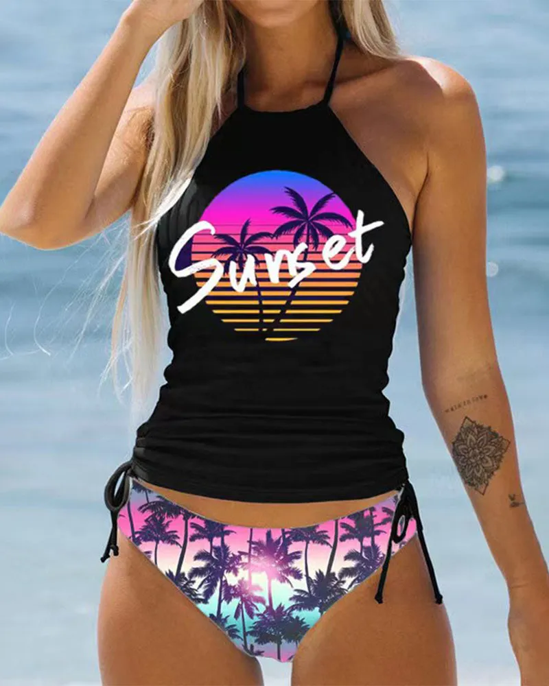 Coconut print strappy swimsuit set
