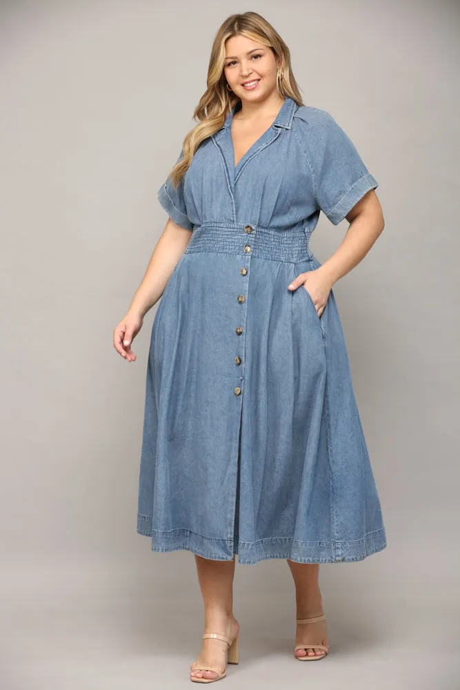 Collared Denim Midi Dress with Buttons
