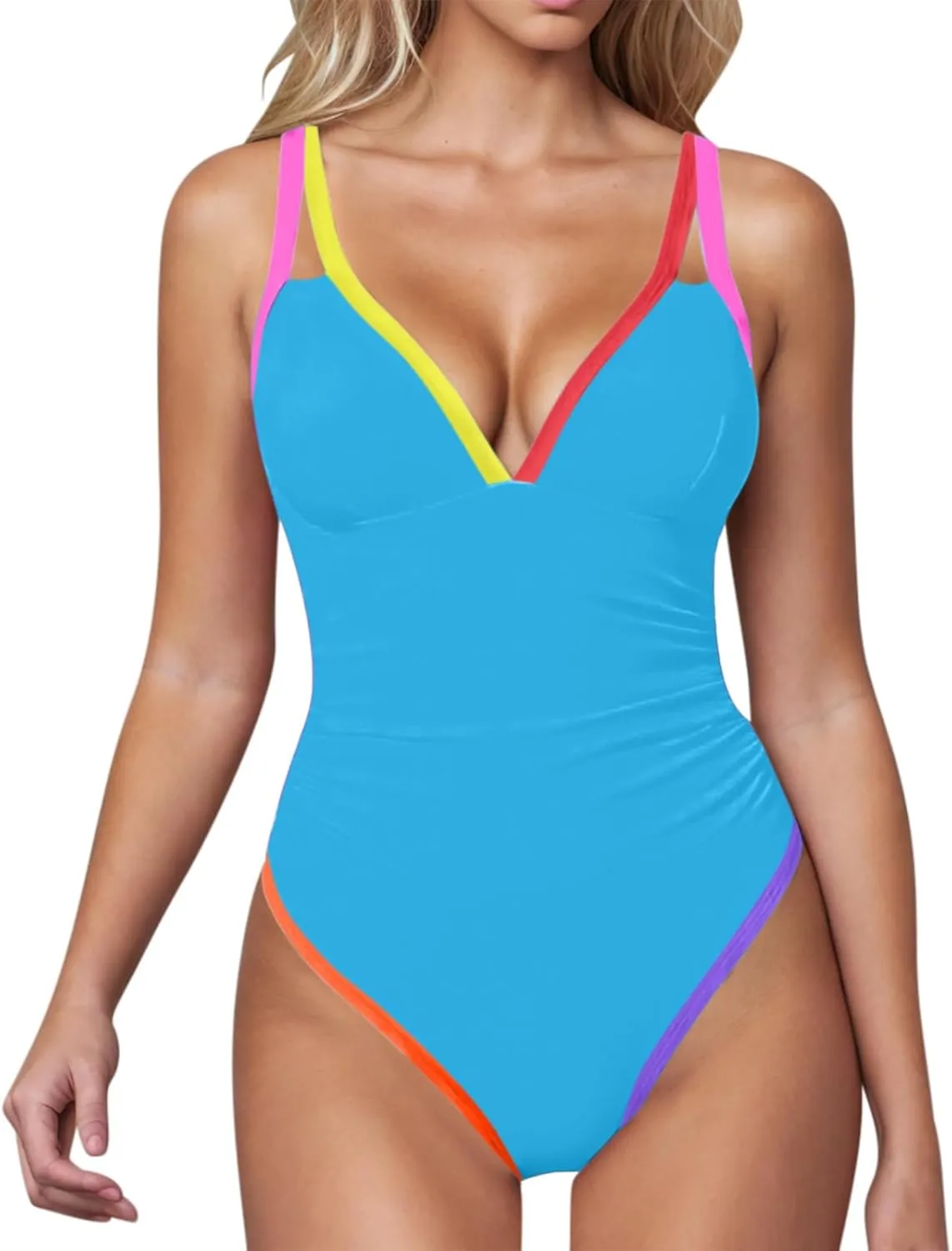 Color Block One Piece Bathing Suit for Women Tummy Control V Neck Swimsuit Ruched Plunge Swimwear Backless Swim Suits