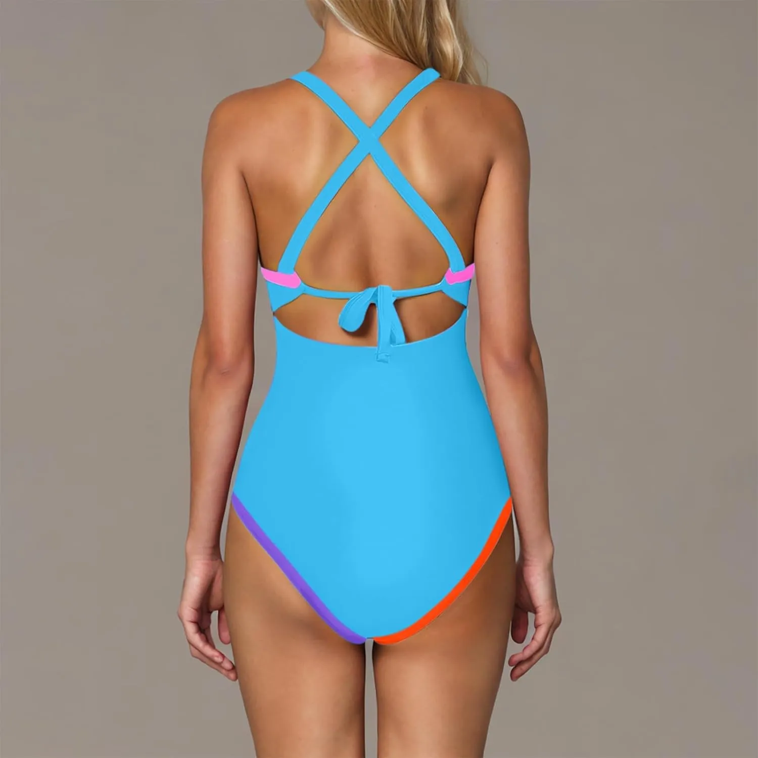 Color Block One Piece Bathing Suit for Women Tummy Control V Neck Swimsuit Ruched Plunge Swimwear Backless Swim Suits