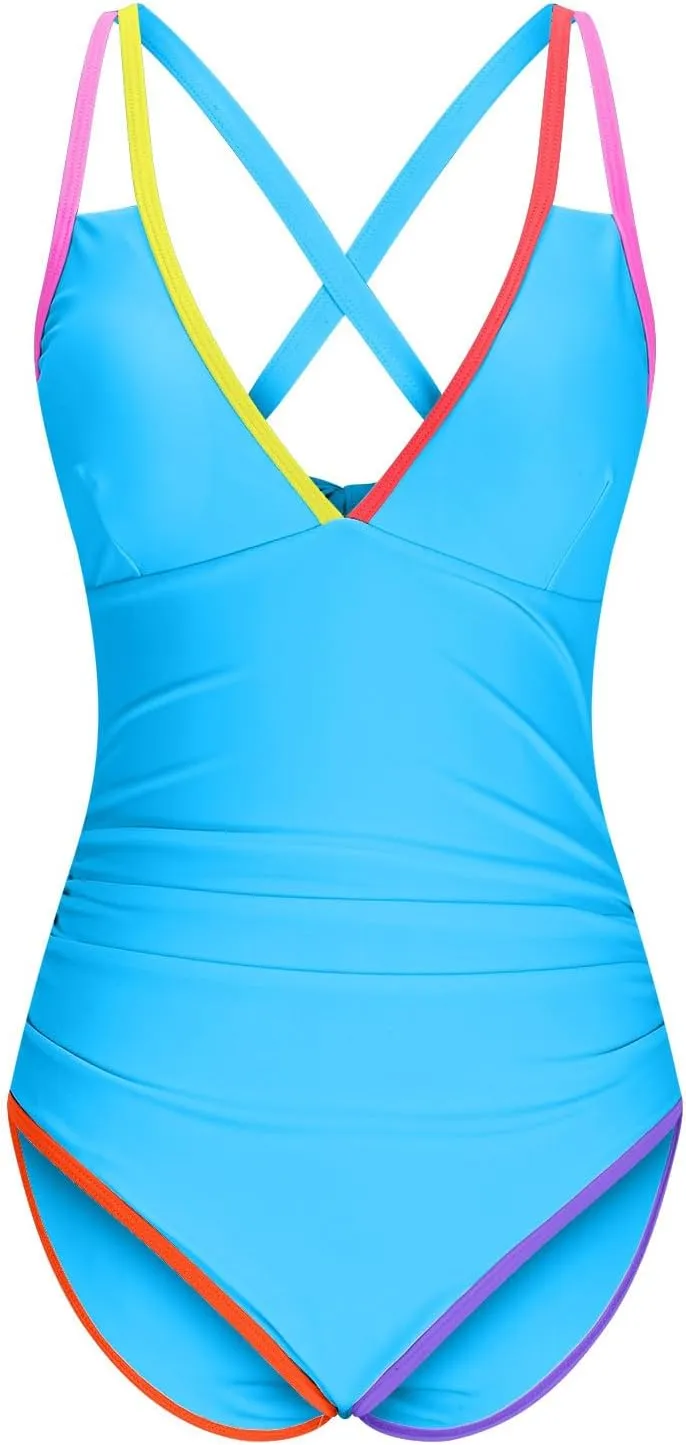Color Block One Piece Bathing Suit for Women Tummy Control V Neck Swimsuit Ruched Plunge Swimwear Backless Swim Suits