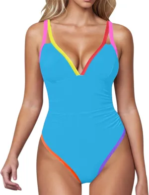 Color Block One Piece Bathing Suit for Women Tummy Control V Neck Swimsuit Ruched Plunge Swimwear Backless Swim Suits