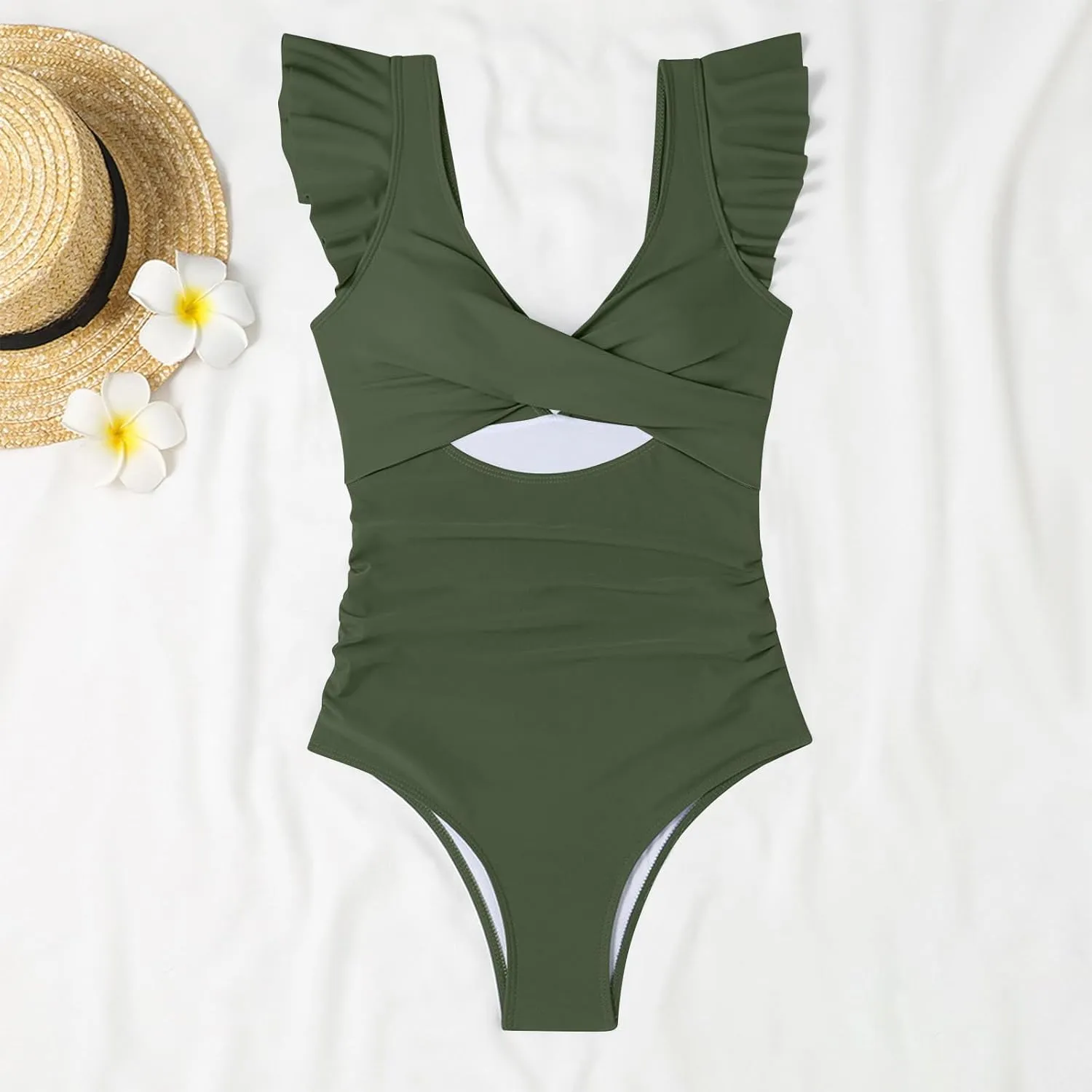 Colorblock One Piece Swimsuit Women's Ruffle Sleeve Cutout Bathing Suits Tummy Control Backless V Neck Swimwear