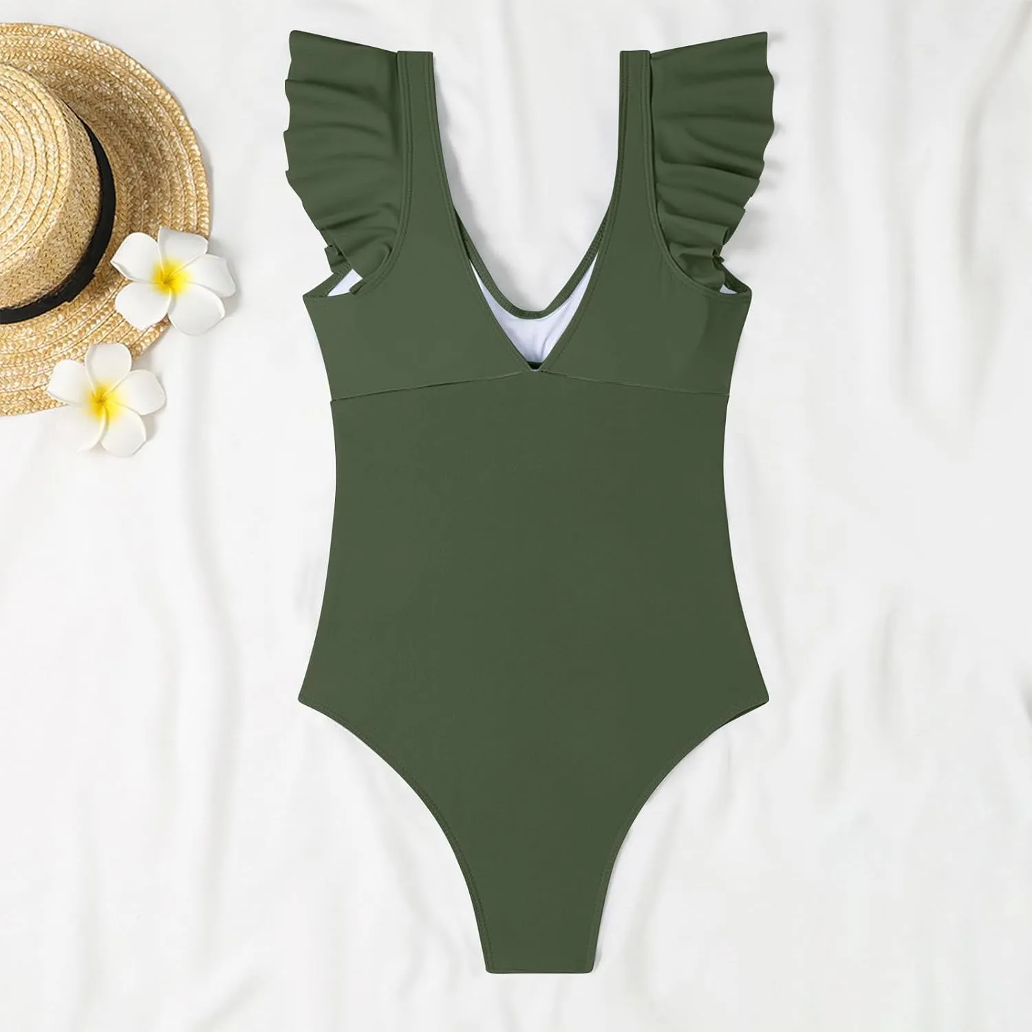 Colorblock One Piece Swimsuit Women's Ruffle Sleeve Cutout Bathing Suits Tummy Control Backless V Neck Swimwear