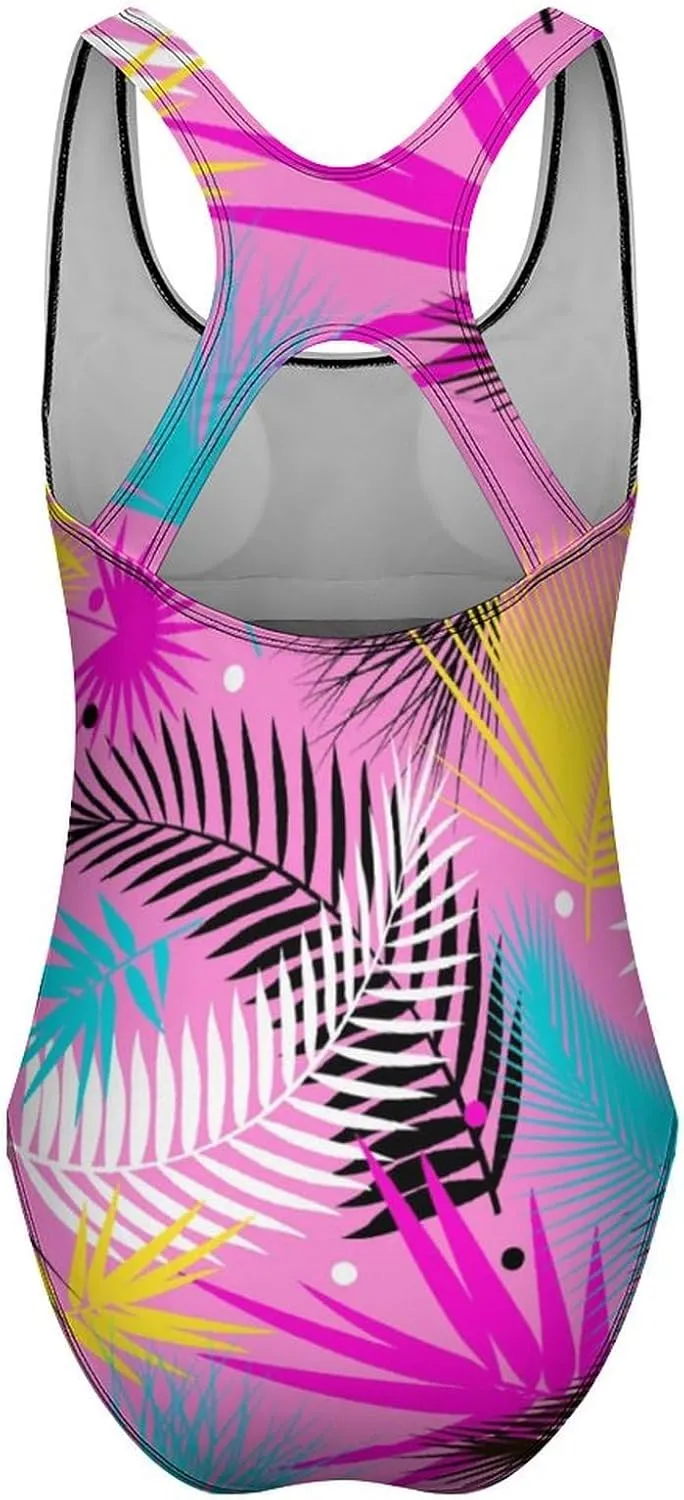 Colorful Palm Leaf Women's 1 Piece Bathing Suits Backless Scoop Neck Sexy Tummy Control Swimsuit