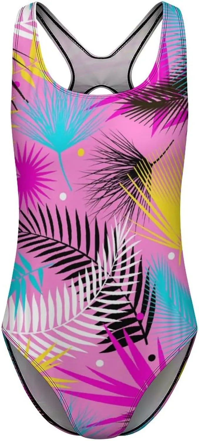 Colorful Palm Leaf Women's 1 Piece Bathing Suits Backless Scoop Neck Sexy Tummy Control Swimsuit