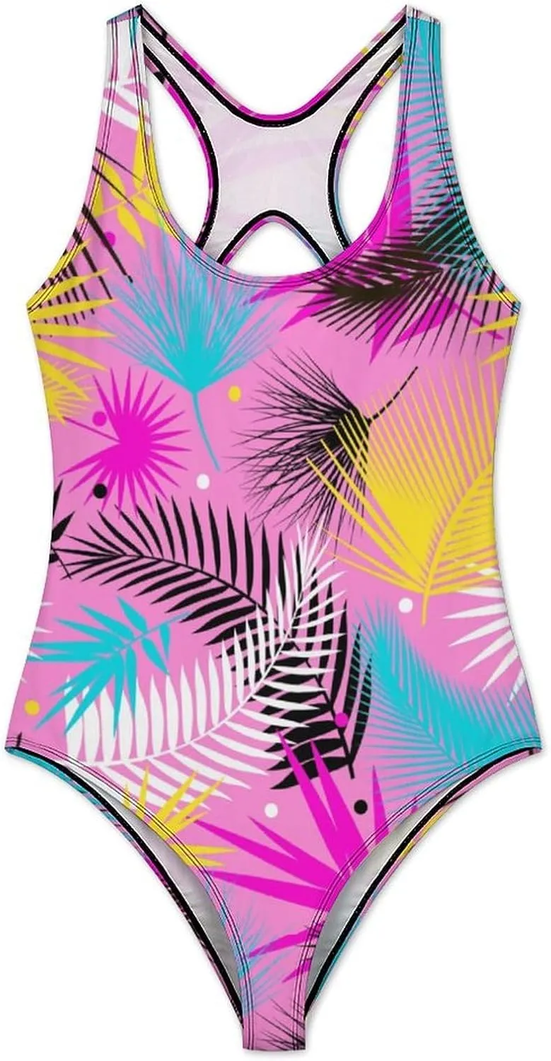 Colorful Palm Leaf Women's 1 Piece Bathing Suits Backless Scoop Neck Sexy Tummy Control Swimsuit