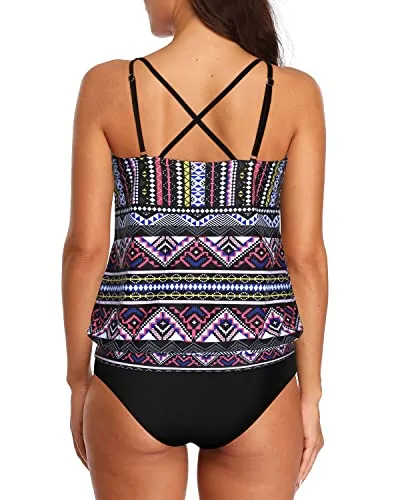 Comfy And Supportive Athletic Swimwear Two Piece Tankini Set For Women-Black Tribal