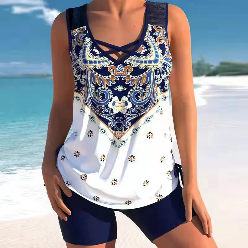 Conservative Drawstring Sleeveless Boxer One-Piece Swimsuit Wholesale Women'S Clothing