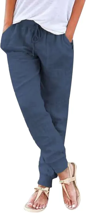 Cotton Linen Capri Pants for Women Casual Summer Loose Drawstring Elastic Waist Pants Casual Trousers with Pockets