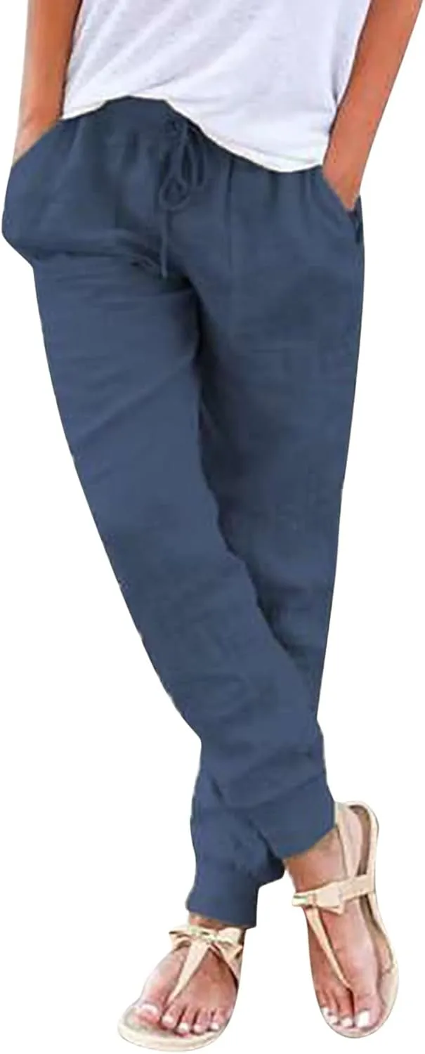 Cotton Linen Capri Pants for Women Casual Summer Loose Drawstring Elastic Waist Pants Casual Trousers with Pockets
