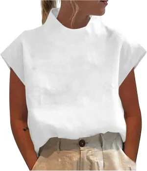 Cotton Linen Shirts for Women Summer Casual High Neck Cap Sleeve Tops Tee Trendy Soft Comfy Business Work Blouses