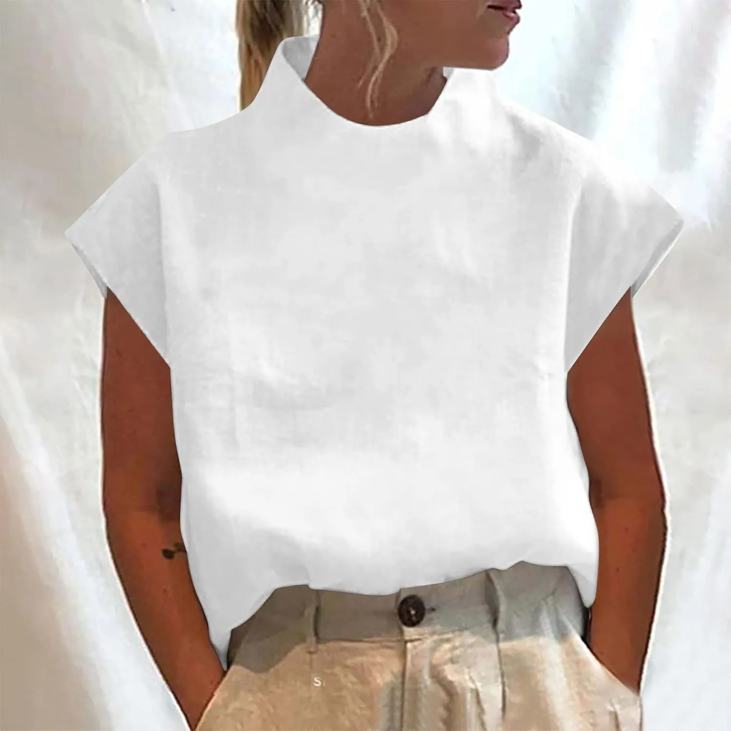 Cotton Linen Shirts for Women Summer Casual High Neck Cap Sleeve Tops Tee Trendy Soft Comfy Business Work Blouses