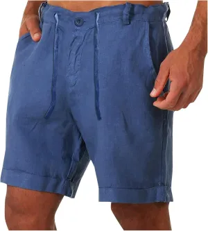 Cotton Linen Shorts for Men Belt Loops Drawstring Shorts with Pockets 10'' Summer Beach Pocketed Bermuda Shorts