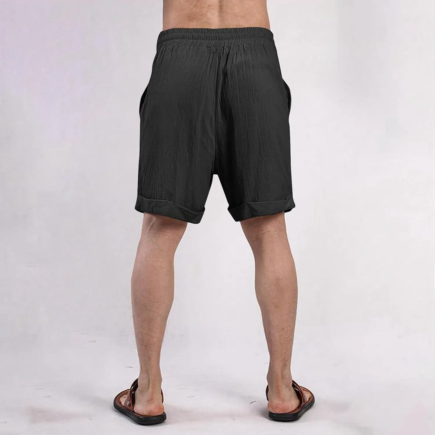 Cotton Linen Shorts for Men Knee Length Elastic Waist Drawstring Lightweight Breathable Casual Lounge Shorts
