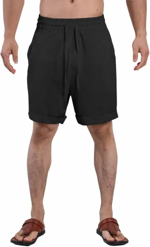 Cotton Linen Shorts for Men Knee Length Elastic Waist Drawstring Lightweight Breathable Casual Lounge Shorts
