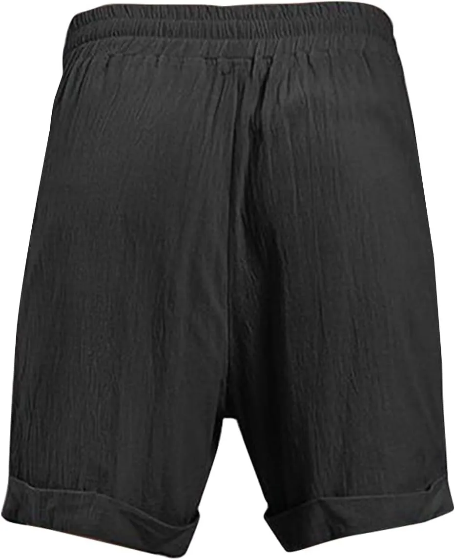 Cotton Linen Shorts for Men Knee Length Elastic Waist Drawstring Lightweight Breathable Casual Lounge Shorts