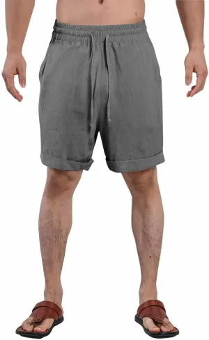 Cotton Linen Shorts for Men Knee Length Elastic Waist Drawstring Lightweight Breathable Casual Lounge Shorts