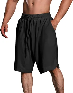 Cotton Linen Shorts for Men Knee Length Elastic Waist Drawstring Lightweight Breathable Casual Lounge Shorts