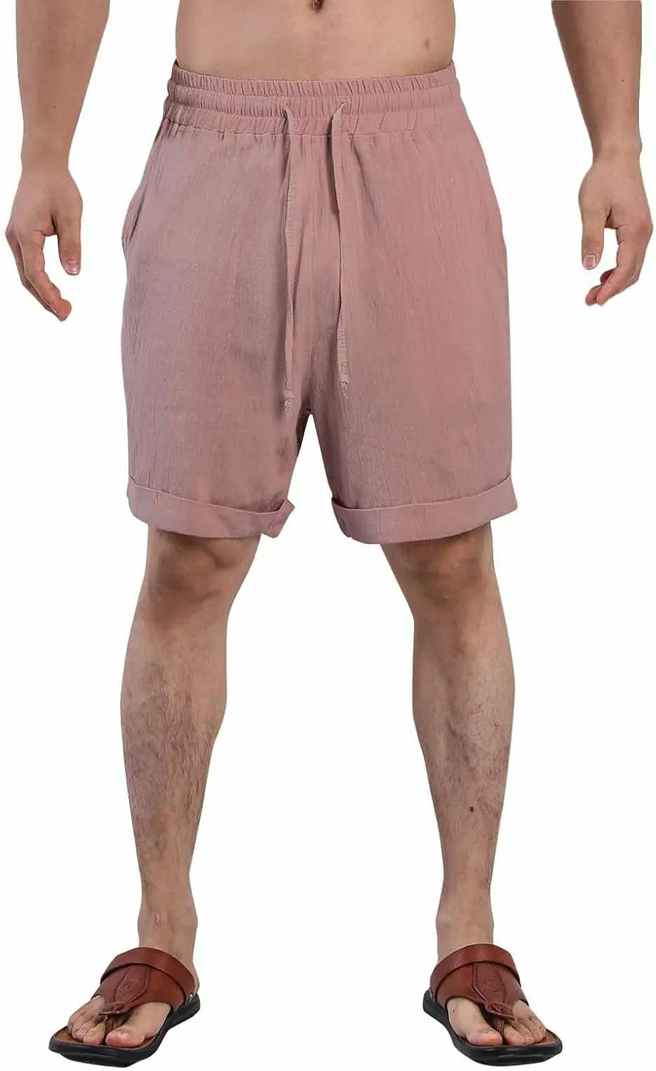 Cotton Linen Shorts for Men Knee Length Lightweight Breathable Elastic Waist Drawstring Casual Lounge Shorts