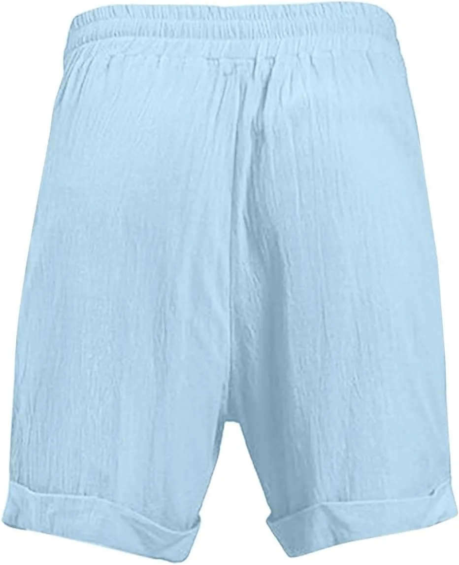 Cotton Linen Shorts for Men Knee Length Lightweight Breathable Elastic Waist Drawstring Casual Lounge Shorts