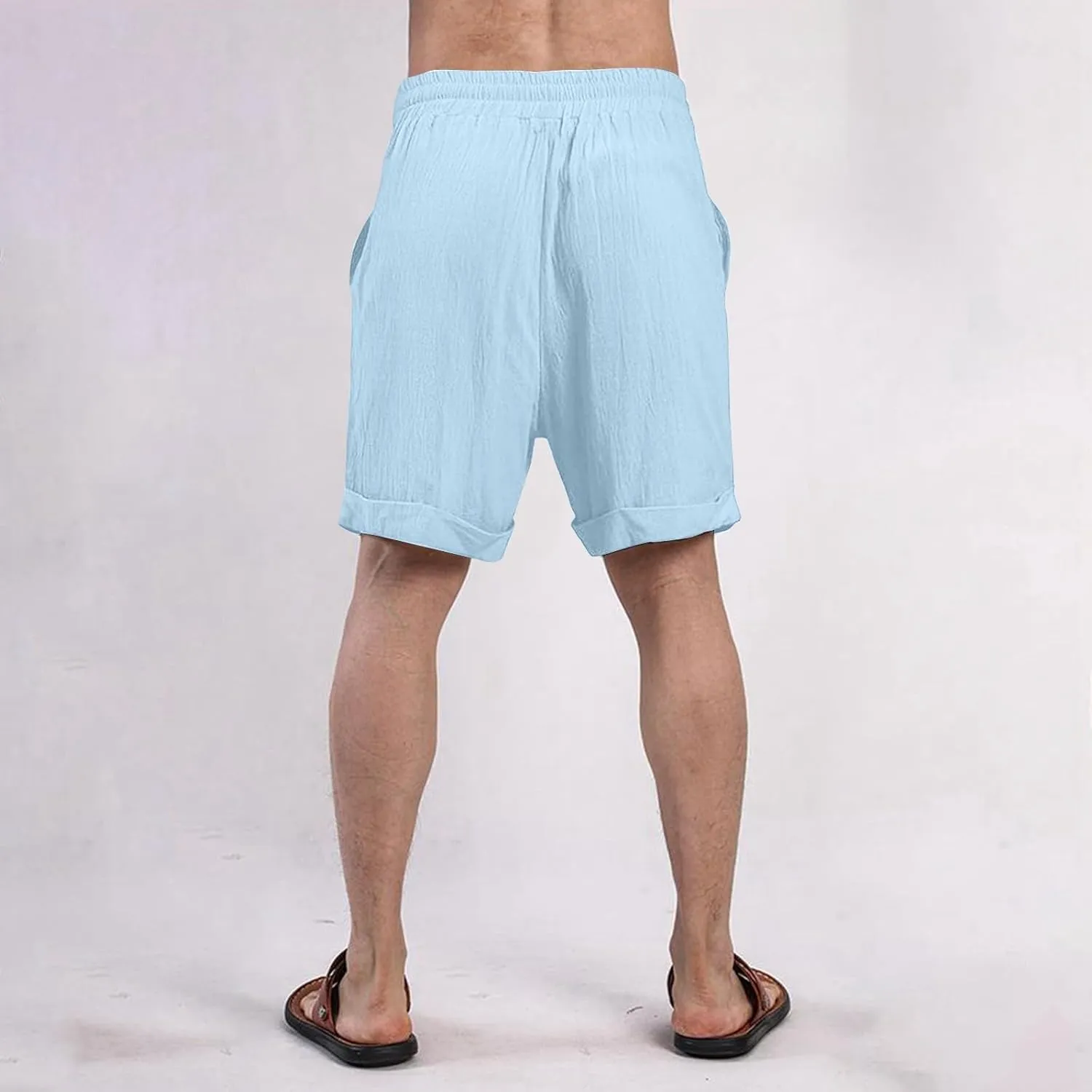 Cotton Linen Shorts for Men Knee Length Lightweight Breathable Elastic Waist Drawstring Casual Lounge Shorts