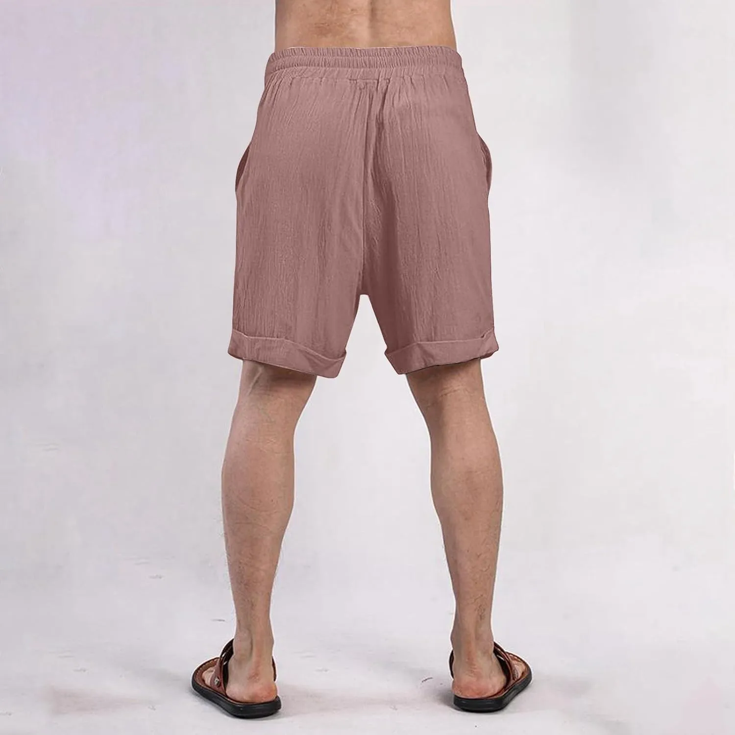 Cotton Linen Shorts for Men Knee Length Lightweight Breathable Elastic Waist Drawstring Casual Lounge Shorts