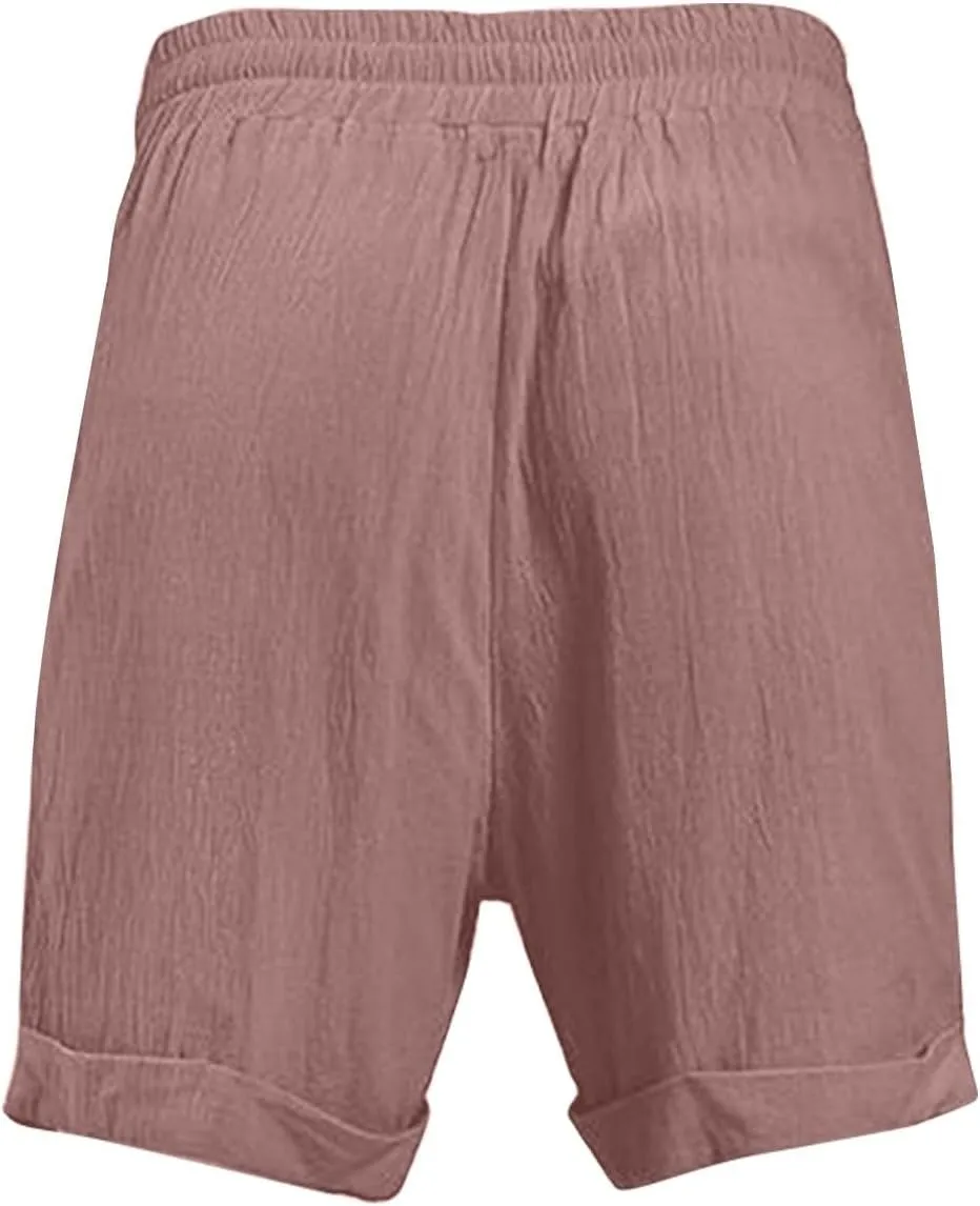 Cotton Linen Shorts for Men Knee Length Lightweight Breathable Elastic Waist Drawstring Casual Lounge Shorts