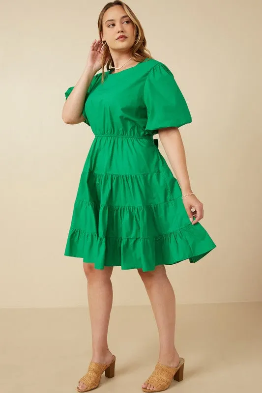 Cotton Tiered Bow Back Dress in Green