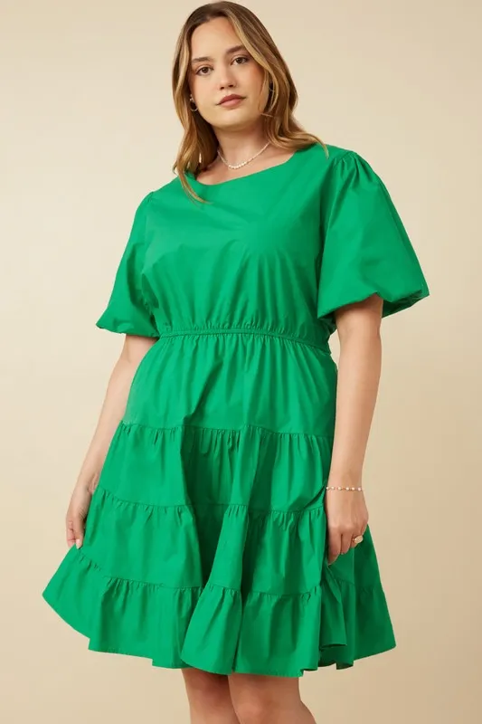 Cotton Tiered Bow Back Dress in Green