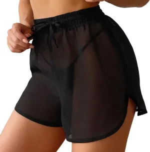 Cover Up Shorts Women Elastic Waist Semi Sheer See Through Shorts Summer Swim Bottoms Drawstring Mesh Beach Shorts