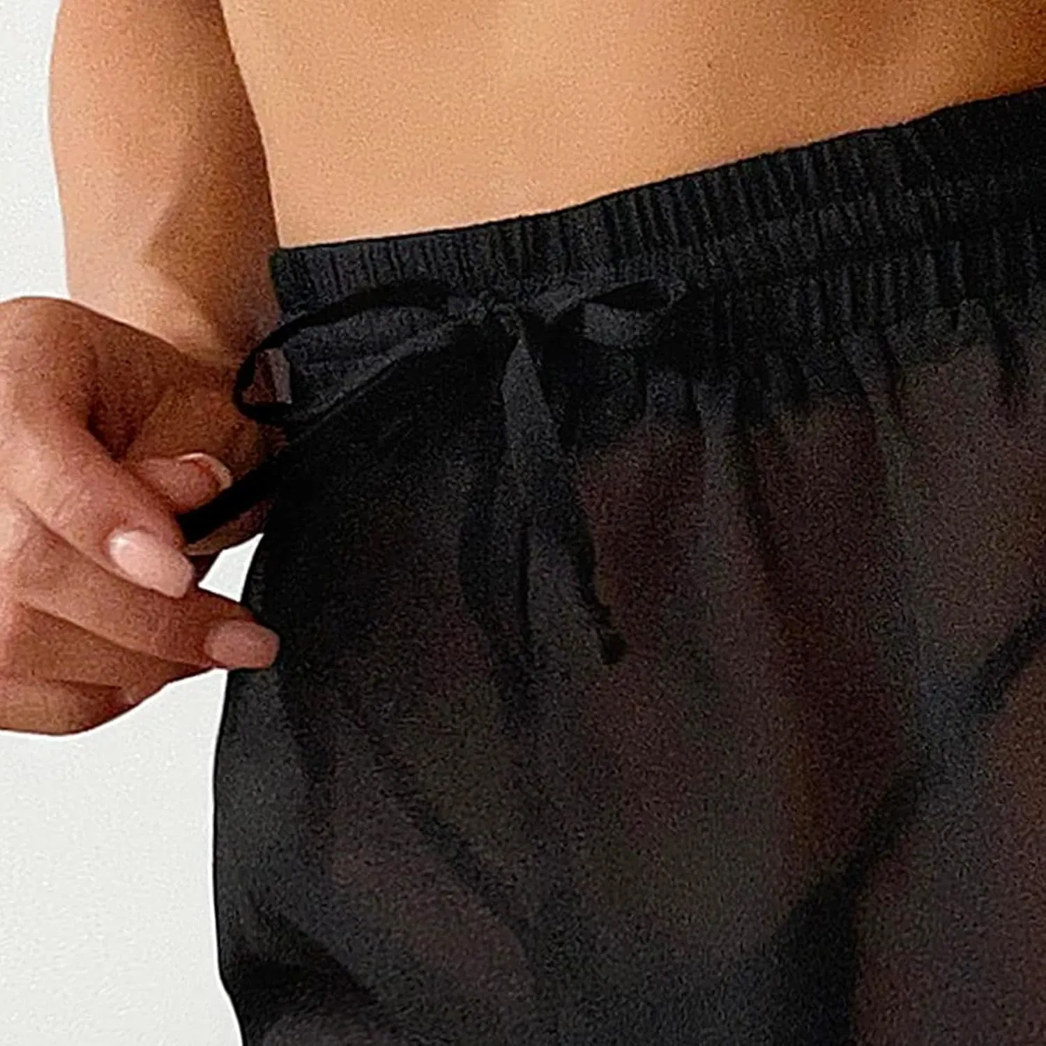 Cover Up Shorts Women Elastic Waist Semi Sheer See Through Shorts Summer Swim Bottoms Drawstring Mesh Beach Shorts