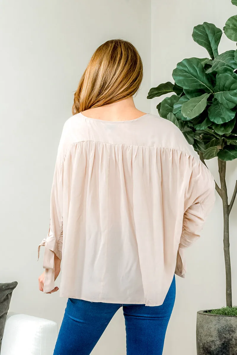 'Cozy Casual' Long Balloon Sleeve Oversized Button Down Blouse with Sash Tie Cuffs* (L3179C)