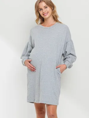Crew Neck Maternity Sweater Dress with Pockets - Heather Grey