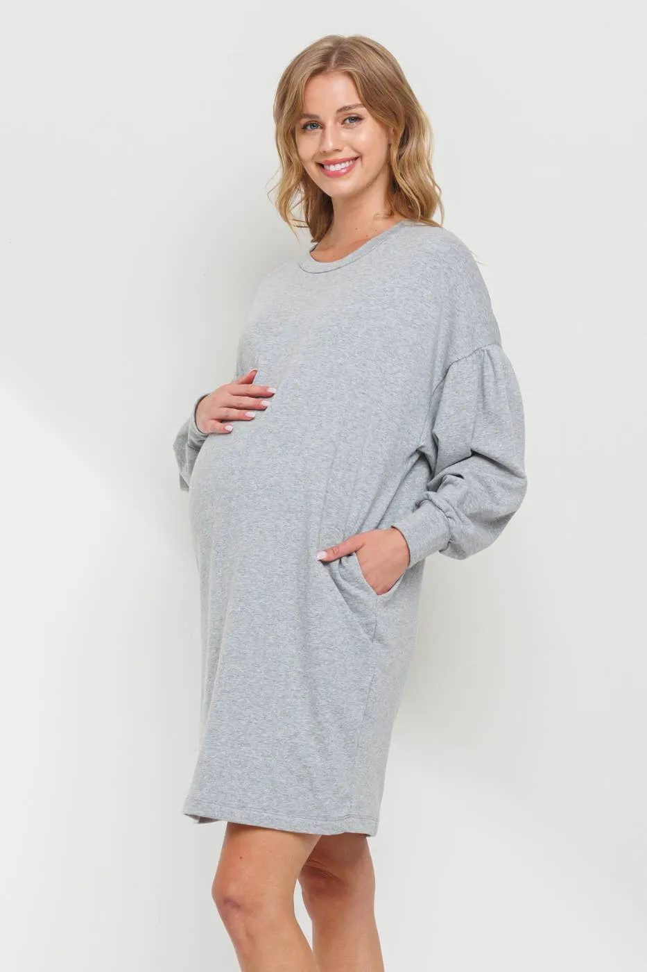 Crew Neck Maternity Sweater Dress with Pockets - Heather Grey