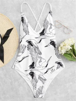 Criss Cross Crane Print Swimsuit