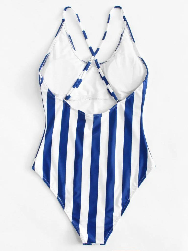 Crisscross Back Striped Swimsuit