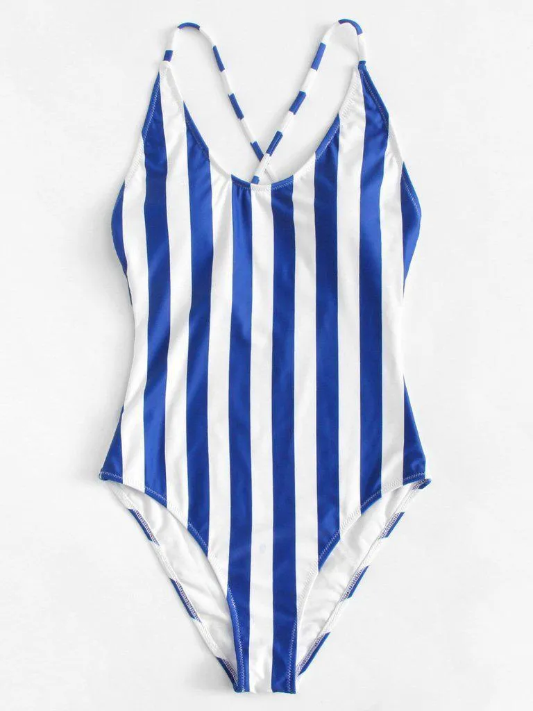 Crisscross Back Striped Swimsuit