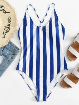 Crisscross Back Striped Swimsuit