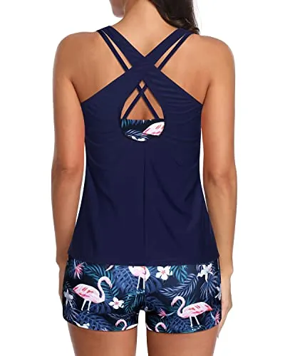 Cross Back Strappy Tankini Swimsuits For Women-Navy Blue Flamingo