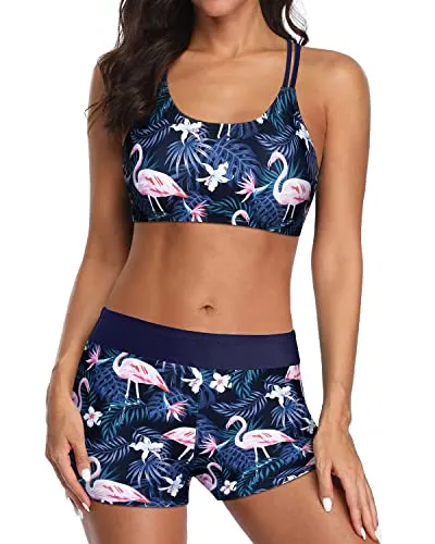 Cross Back Strappy Tankini Swimsuits For Women-Navy Blue Flamingo
