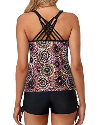 Cross-Back Tankini Swimsuits For Women Tummy Control Shorts-Brown Print