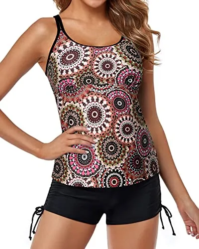 Cross-Back Tankini Swimsuits For Women Tummy Control Shorts-Brown Print