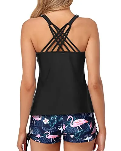 Cross-Back Tankinis High-Waisted Boy Shorts For Women Boyshorts-Black Flamingo