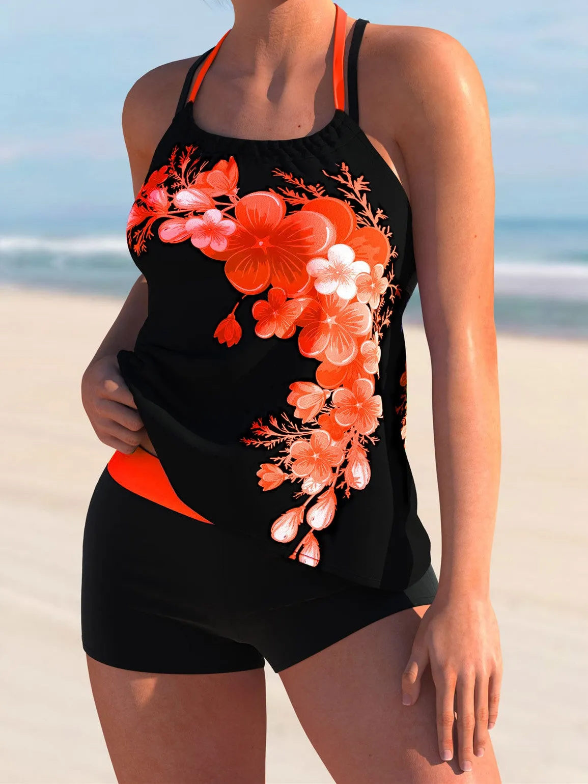 Cross Strap Floral Print Halter Tankini Set