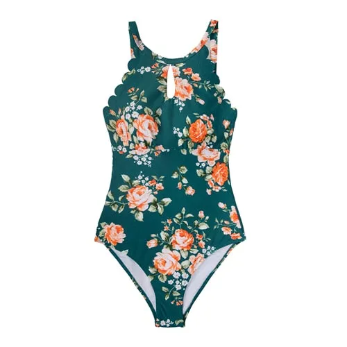 CUPSHE Green Floral Scalloped One-piece Swimsuit Cutout Monokini