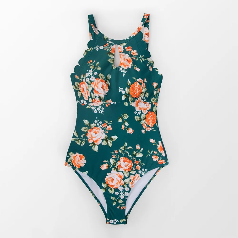 CUPSHE Green Floral Scalloped One-piece Swimsuit Cutout Monokini
