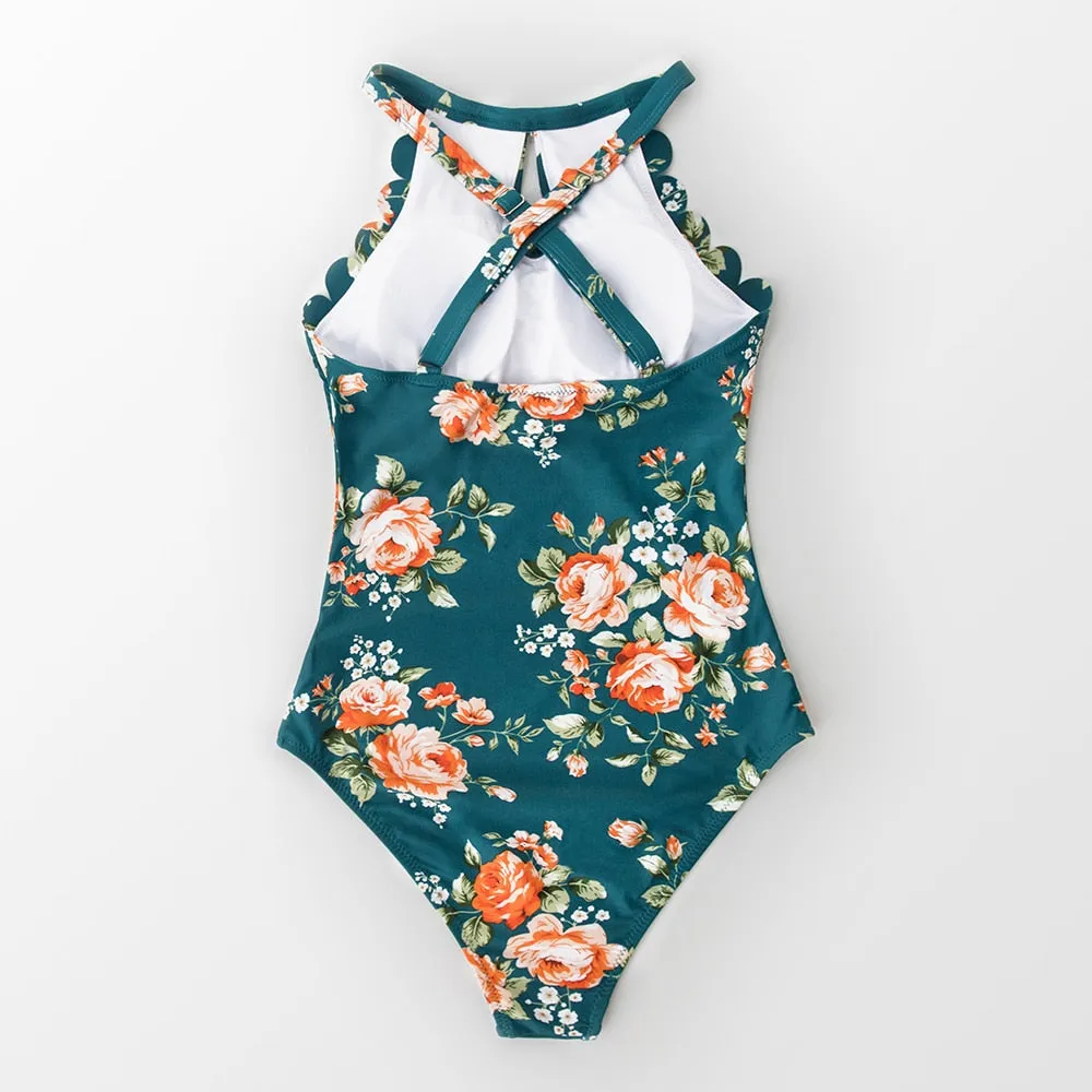CUPSHE Green Floral Scalloped One-piece Swimsuit Cutout Monokini